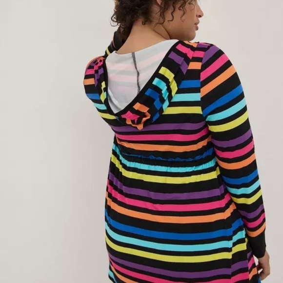 Torrid Super Soft Anorak Hooded Cinch Waist Cardigan | Rainbow Stripe Open Front - Picture 5 of 7